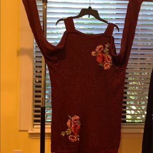 Megesper maroon long sleeve cold shoulder sweater